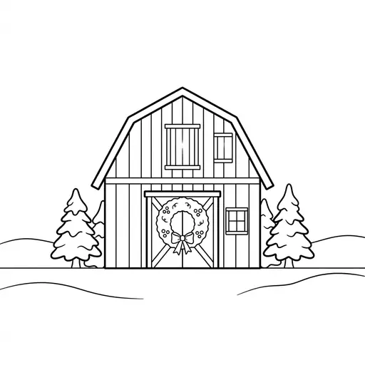 Barn Coloring Page — In Snow With Wreath