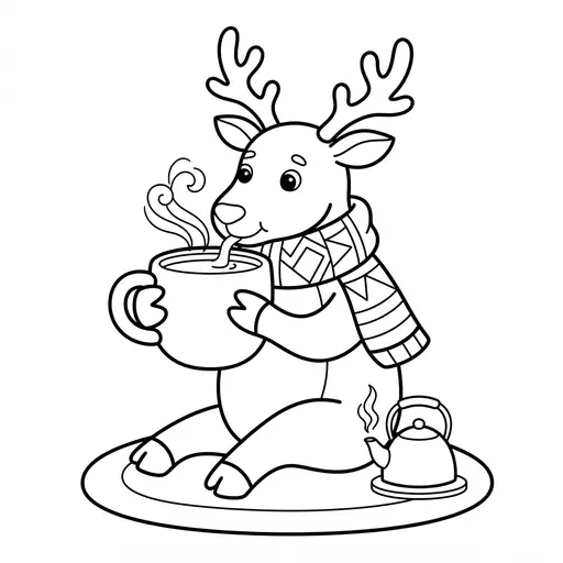 Reindeer Coloring Page — Drinking Hot Cocoa From a Big Mug