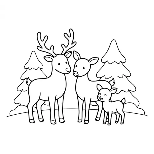 Reindeer Coloring Page — Standing Together in a Snowy Forest