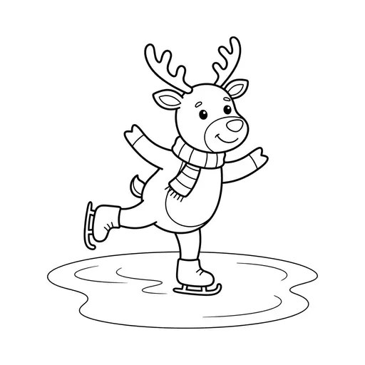 Easy Reindeer Coloring Page — Ice Skating on a Frozen Lake
