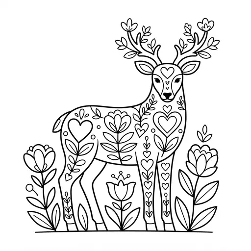 Reindeer Coloring Page for Adults — Folk Art Deer With Flowers