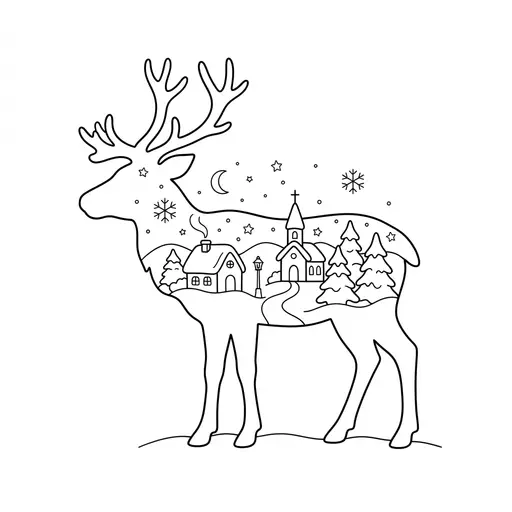 Reindeer Coloring Page for Adults — Reindeer Silhouette With Snowy Village