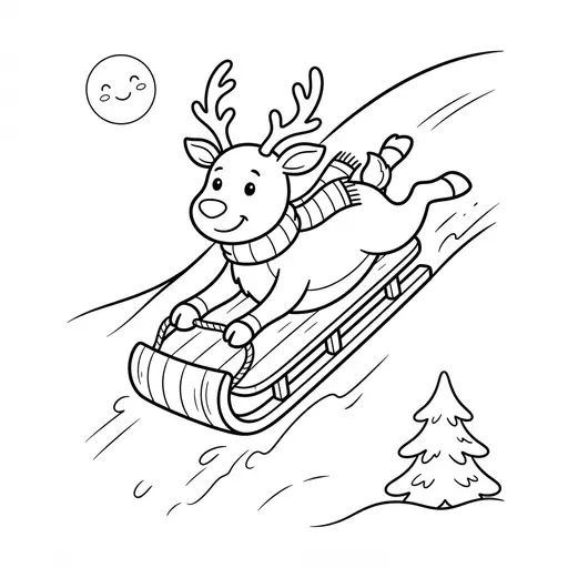 Reindeer Coloring Page — Sledding Down a Hill on Its Belly
