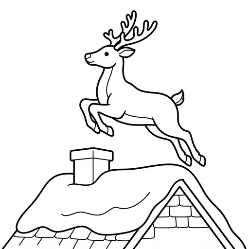 Reindeer Coloring Page — Taking Off From a Snowy Rooftop