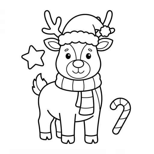 Easy Reindeer Coloring Page — Wearing a Scarf and a Santa Hat