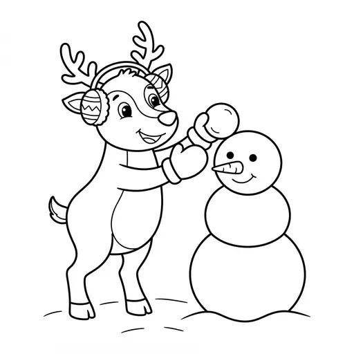 Reindeer Coloring Page — Building a Snowman in Earmuffs