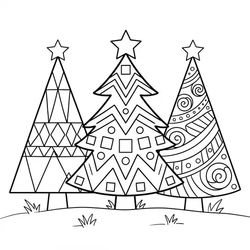 Christmas Tree Coloring Page for Adults — Row of Three With Geometric Patterns