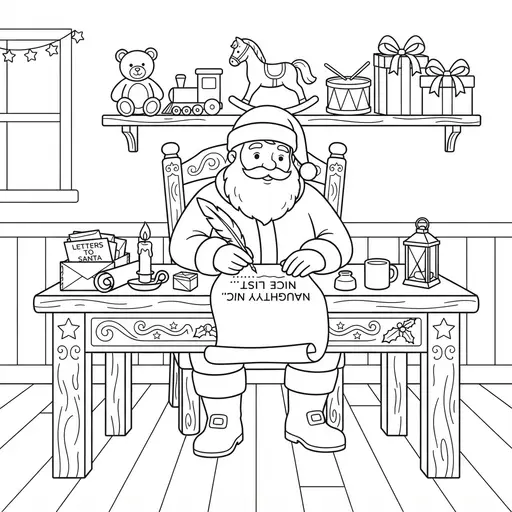 Santa Coloring Page for Adults — Writing at a Carved Wooden Desk