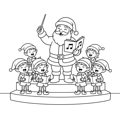 Santa Coloring Page — Conducting a Choir of Singing Elves