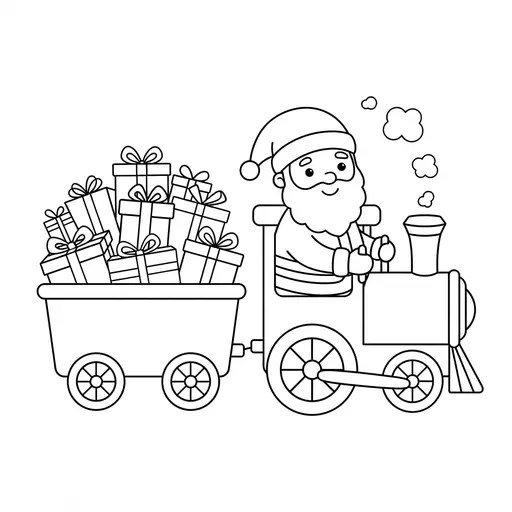 Santa Coloring Page — Driving a Train Full of Presents