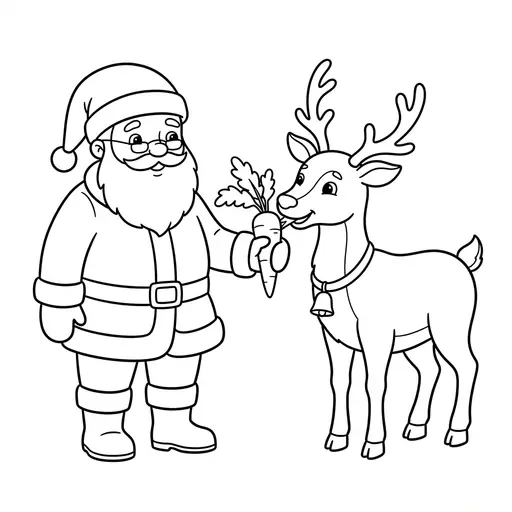 Easy Santa Coloring Page — Feeding a Carrot to a Reindeer