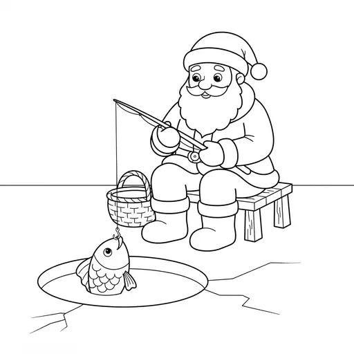 Santa Coloring Page — Fishing Through a Hole in the Ice