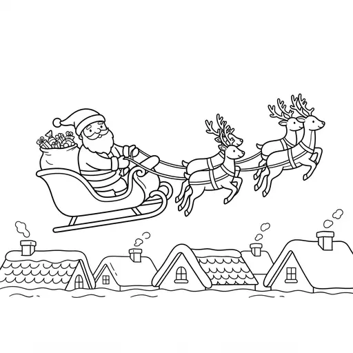 Santa Coloring Page — Flying Sleigh Over Snowy Rooftops