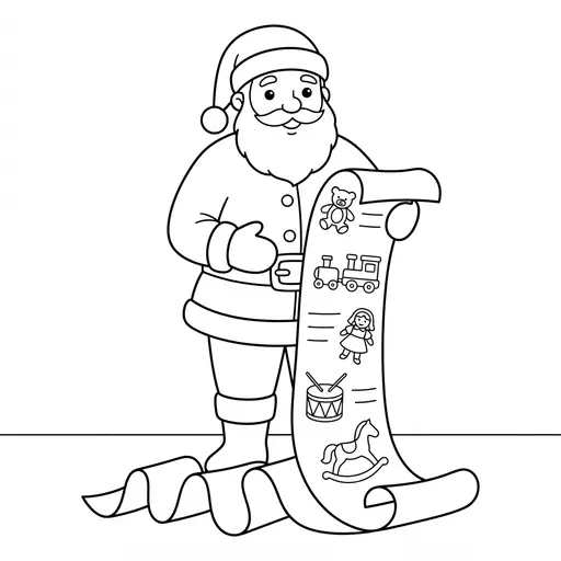 Easy Santa Coloring Page — Holding a Long Wish List