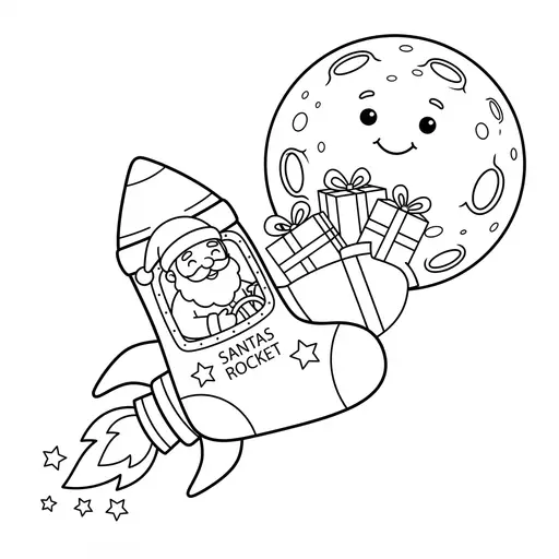 Santa Coloring Page — Flying a Rocket Past the Moon