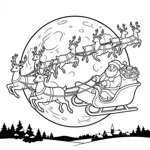 Santa Coloring Page for Adults — in a Sleigh With Reindeer