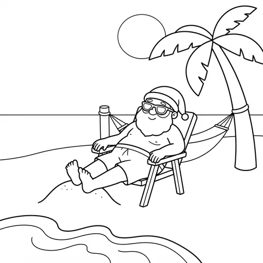 Easy Santa Coloring Page — Relaxing on a Beach in Shorts