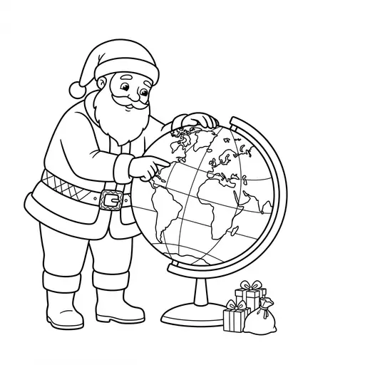 Santa Coloring Page — Planning His Route With a Globe