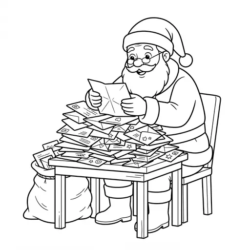 Santa Coloring Page — Reading Letters at a Table