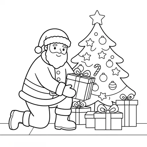 Santa Coloring Page — Placing Presents Under a Tree