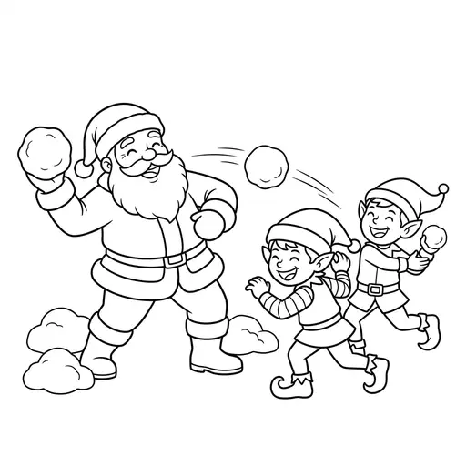 Santa Coloring Page — Having a Snowball Fight with Elves