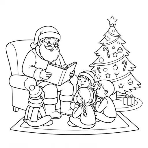 Santa Coloring Page — Reading to Children by a Tree