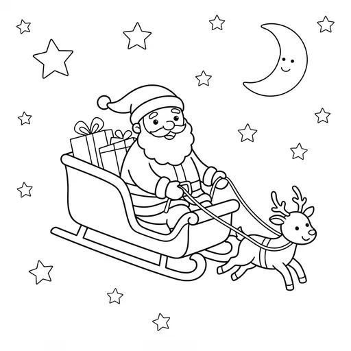 Easy Santa Coloring Page — Flying in a Sleigh Through the Sky