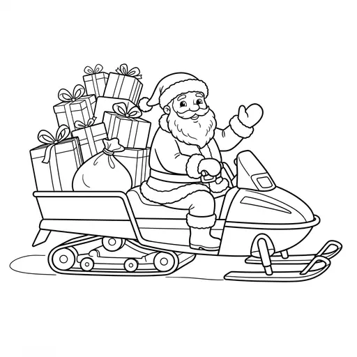 Santa Coloring Page — Riding a Snowmobile Loaded with Gifts