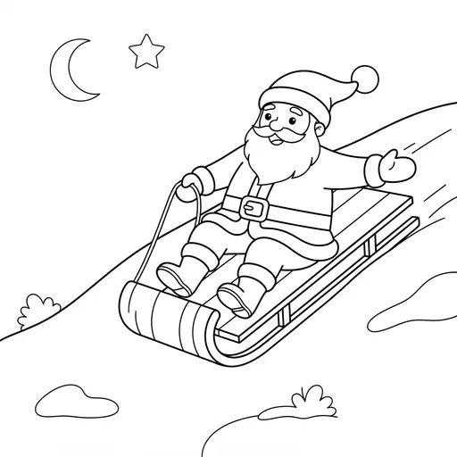 Santa Coloring Page — Sledding Down a Snowy Hill