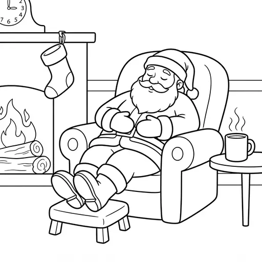 Easy Santa Coloring Page — Sleeping in an Armchair by the Fireplace
