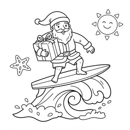 Santa Coloring Page — Surfing on a Wave with a Present