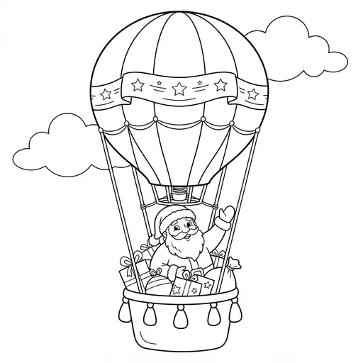 Santa Coloring Page — Waving from a Hot Air Balloon
