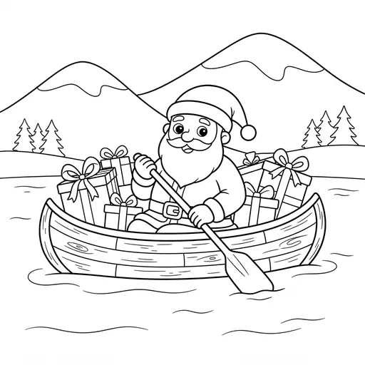 Santa Coloring Page — Paddling a Canoe Filled With Presents