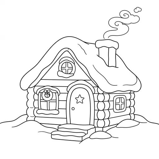 Log Cabin Coloring Page — Snowy Roof and Festive Wreath