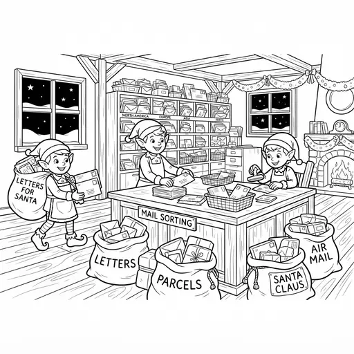 Elf Coloring Page for Adults — Sorting Letters in the Mailroom