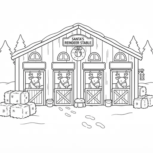 Reindeer Coloring Page for Adults — Stalls With Name Plates and Hay