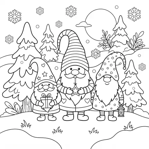 Gnome Coloring Page for Adults — Three in a Snowy Forest