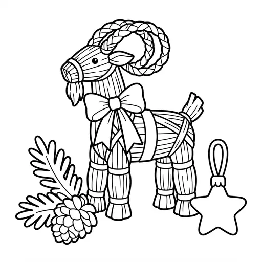 Goat Coloring Page — Straw Decoration with Ribbon
