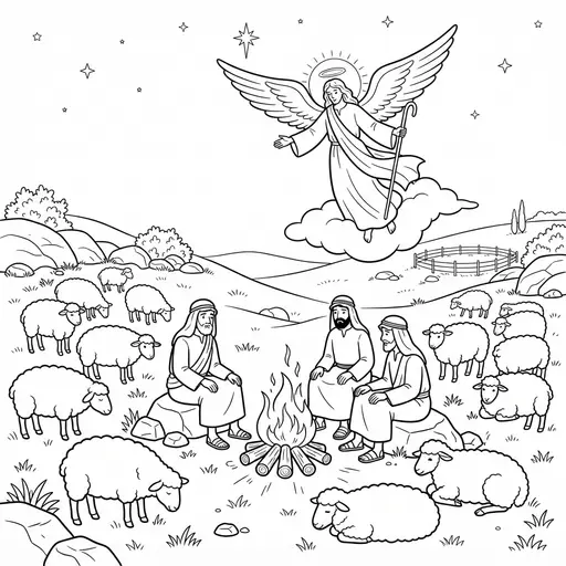 Shepherd Coloring Page for Adults — Watching Sheep by a Campfire