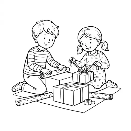 Present Coloring Page — Siblings Wrapping Christmas Boxes