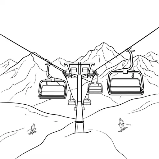 Ski Lift Coloring Page for Adults — Over Snowy Mountains