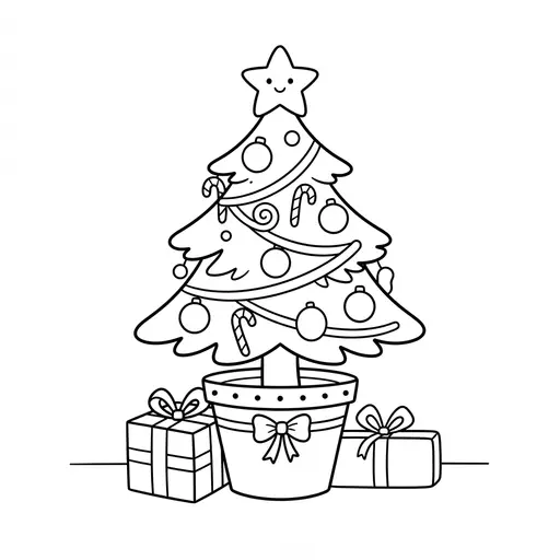 Easy Christmas Tree Coloring Page — Small Potted Tree with Presents