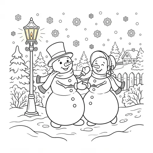 Snowman Coloring Page for Adults — Couple Dancing Under a Lamppost