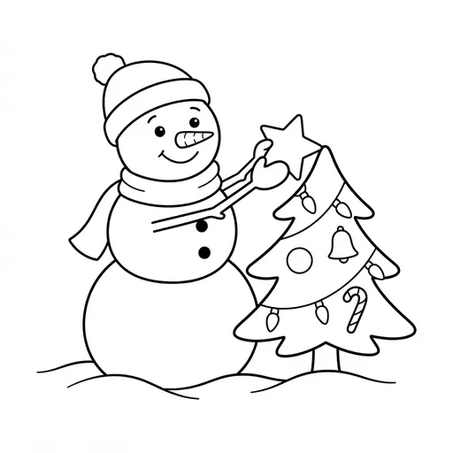 Snowman Coloring Page — Decorating a Small Pine Tree