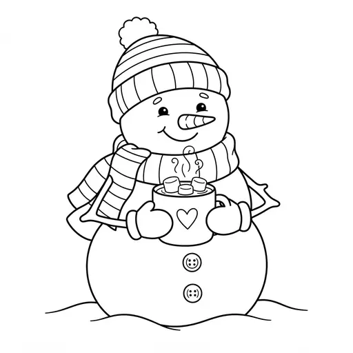 Snowman Coloring Page — Drinking Hot Cocoa with Marshmallows