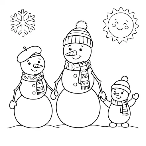 Easy Snowman Coloring Page — Family of Three Holding Hands