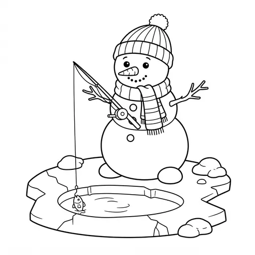 Snowman Coloring Page — Fishing on a Frozen Pond