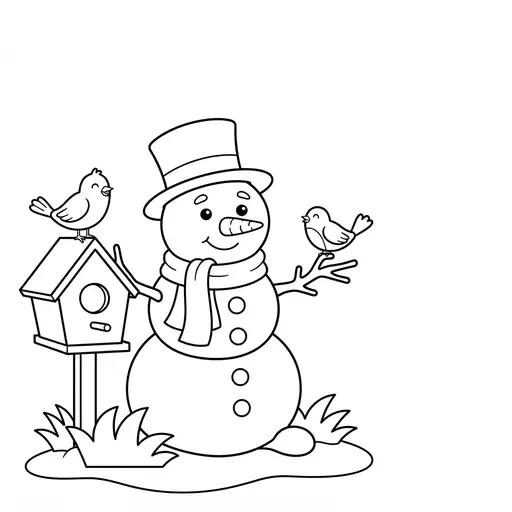 Snowman Coloring Page — With Birds And Birdhouse