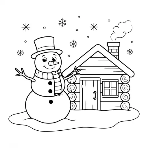 Snowman Coloring Page — In Front Of A Log Cabin