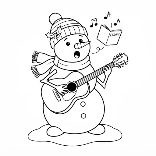 Snowman Coloring Page — Playing Guitar and Singing Carols
